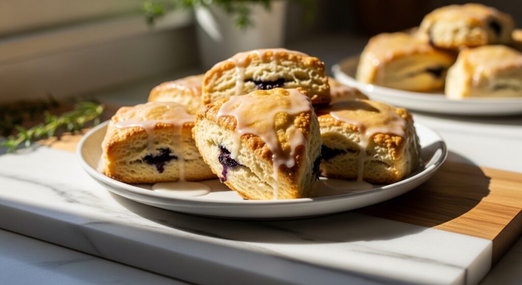 A beautifully composed 16:9 hero shot of several golden-brown, glazed Gluten-Free Lemon Blueberry Scones artfully arranged on a minimalist white plate, resting on marble countertops with wood accents. Natural morning light from an east window casts soft shadows. Fresh herbs are visible in the blurred background, creating a warm, inviting, and clean presentation. Focus on the delicious, slightly rustic appeal of the scones, emphasizing their flaky texture and the glistening glaze. NO HANDS.