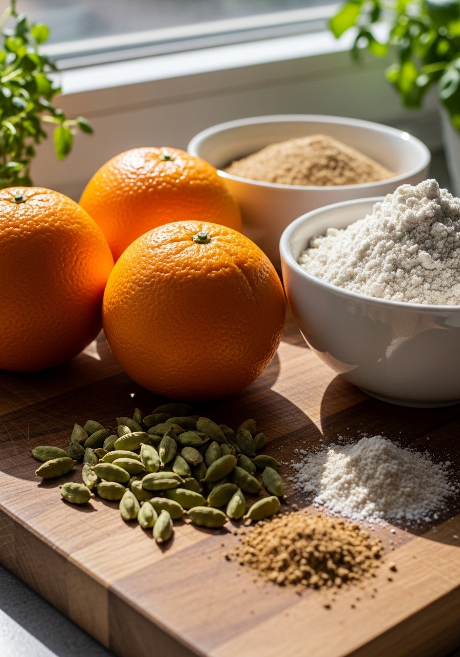 A vibrant display of key ingredients for Gluten-Free Orange Cardamom Bread: fresh whole oranges, green cardamom pods, a bowl of gluten-free flour, and other dry ingredients. These are artfully arranged on the same wooden cutting board, bathed in soft natural morning light from the east window. Soft shadows are present, and fresh herbs are subtly visible in the background. No hands or people.