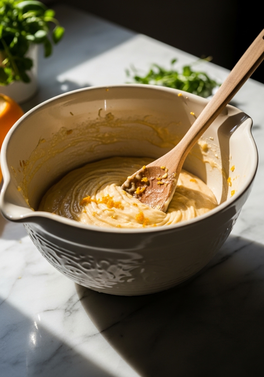 An inviting action shot (without hands) of a ceramic mixing bowl on marble countertops, filled with the glistening, orange-zest infused batter for Gluten-Free Orange Cardamom Bread. A wooden spoon rests gently on the rim of the bowl, suggesting recent mixing. The scene is well-lit by natural morning light, with soft shadows and warm tones. Fresh herbs are visible in the blurred background, and the presentation is clean and tidy. No hands or people.