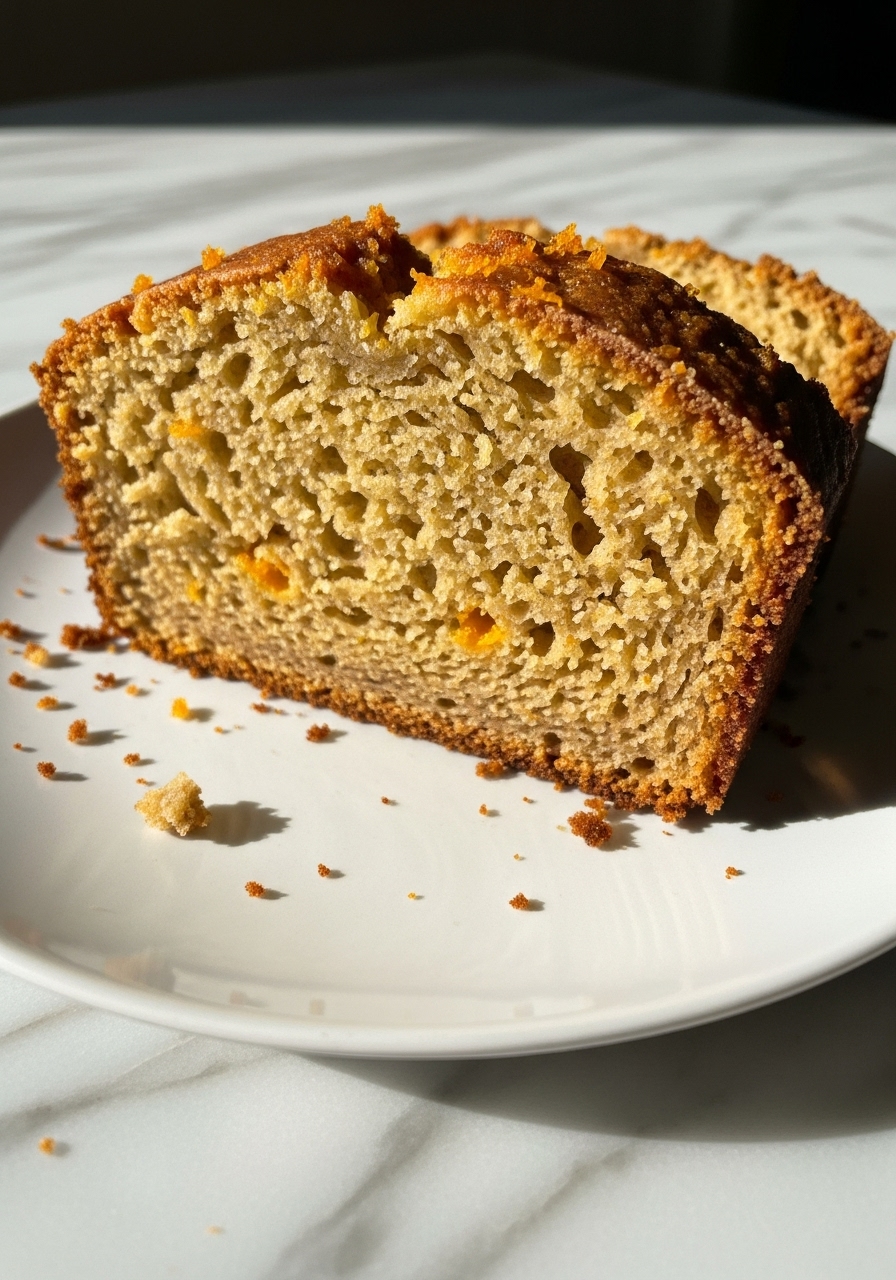 An extreme close-up detail shot of a perfectly baked slice of Gluten-Free Orange Cardamom Bread, showing its tender, moist crumb dotted with flecks of orange zest. The slice rests on a minimalist white plate, with a few artful crumbs scattered around. The shot highlights the golden-brown crust and inviting texture, illuminated by soft natural morning light. The setting is on marble countertops, with warm tones and soft shadows. No hands or people.
