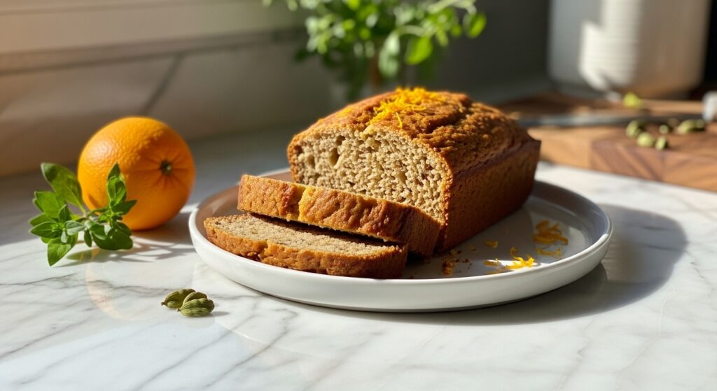 A beautifully sliced loaf of Gluten-Free Orange Cardamom Bread, placed on a minimalist white plate, with a sprig of fresh orange zest and a couple of green cardamom pods artfully arranged nearby. The scene is set on marble countertops with wood accents, bathed in natural morning light from the east window. Fresh herbs are subtly visible in the soft-focused background, creating warm tones and a clean, tidy presentation. No hands or people.