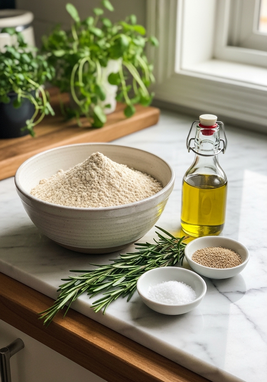 A thoughtfully arranged collection of key ingredients for Gluten Free Rosemary Bread: a ceramic bowl filled with a gluten-free flour blend, fresh rosemary sprigs, yeast granules in a tiny dish, a small bottle of olive oil, and a pinch of sea salt. All elements are neatly displayed on marble countertops with wood accents, bathed in natural morning light, with fresh herbs visible in the background, creating a clean and inviting atmosphere.