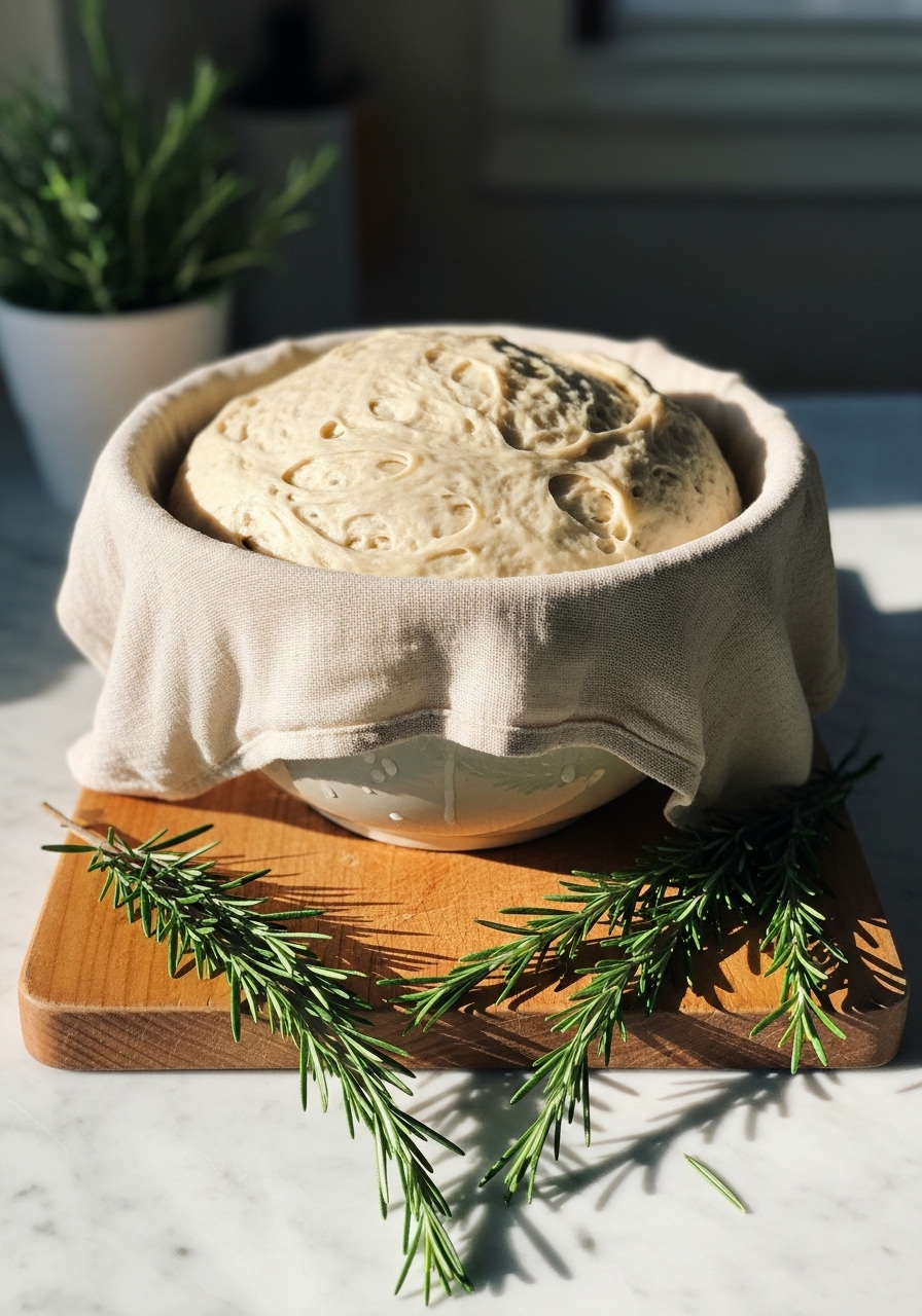 A gluten-free rosemary bread dough, visibly risen and soft, resting in a large ceramic bowl covered with a damp cloth, placed on the same wooden cutting board. Fresh rosemary sprigs are artfully scattered near the bowl on the marble countertops. The scene is illuminated by gentle natural morning light, with soft shadows and warm tones, evoking a sense of calm anticipation.