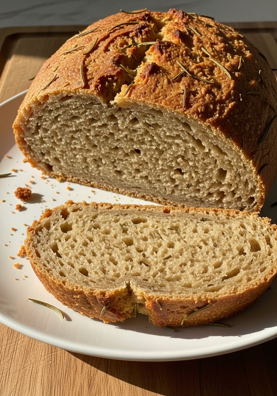 A close-up detail shot of a freshly baked, golden brown Gluten Free Rosemary Bread loaf, showcasing its perfectly crisp crust and the visible flecks of fragrant rosemary embedded within. A slight artful crumb or two rests on the minimalist white plate where a rustic slice has been cut, revealing its deliciously appealing open crumb. The plate sits on the wooden cutting board, with natural morning light and soft shadows highlighting its texture.