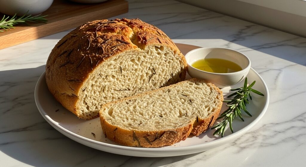 A beautifully plated, golden brown, artisan-style Gluten Free Rosemary Bread loaf, with a thick slice cut, revealing its airy crumb and baked rosemary bits. The bread rests on a minimalist white plate, beside it a small ceramic bowl of olive oil for dipping, and a sprig of fresh rosemary. The scene is set on marble countertops with subtle wood accents, bathed in soft natural morning light from an east window, casting warm tones and gentle shadows, presented clean and tidy.