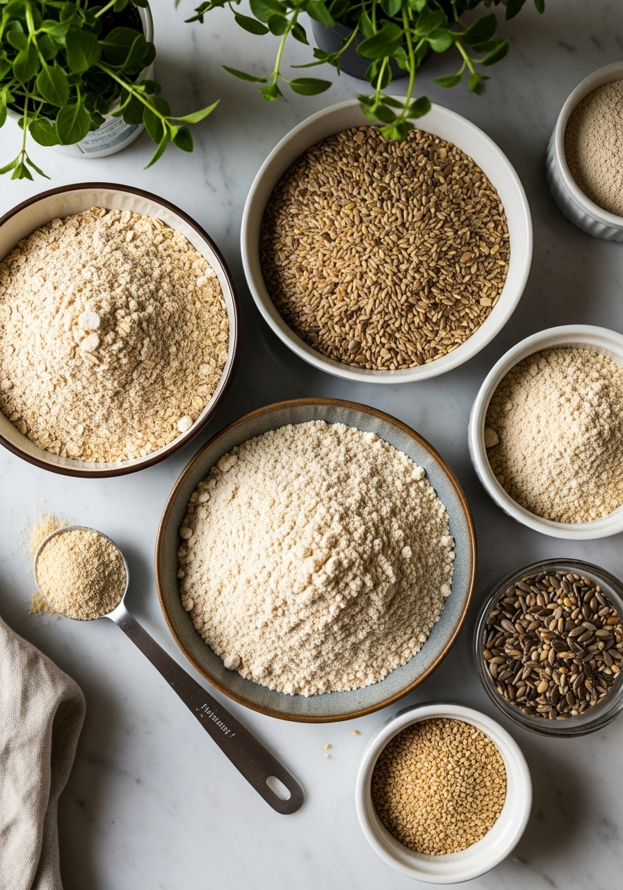 An inviting overhead shot of the key ingredients for Gluten-Free Seeded Bread arranged artfully on the marble countertops. Bowls of oat flour, brown rice flour, various mixed seeds, and psyllium husk powder are visible, alongside a measuring spoon and fresh herbs in the background. The natural morning light creates a warm, appealing glow on the clean and tidy scene. No hands visible.