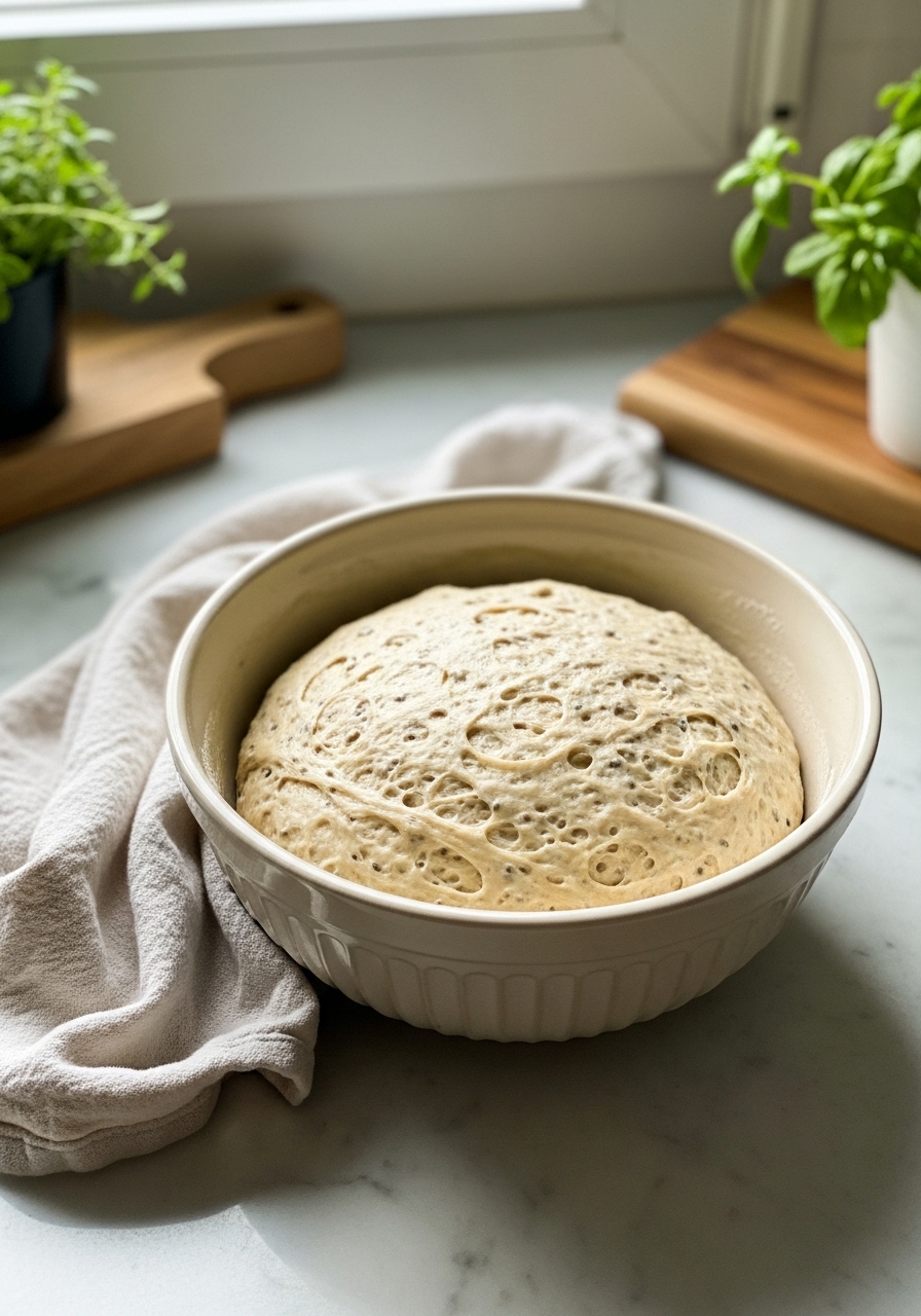 A dynamic, appetizing shot focusing on the gluten-free seeded bread dough in a ceramic bowl after its first rise. The dough is slightly textured with seeds. A clean kitchen towel is draped casually nearby on the marble countertop. The scene is bathed in natural morning light from the east window, with fresh herbs and wood accents subtly in the background. No hands visible, just the beautiful, risen dough.