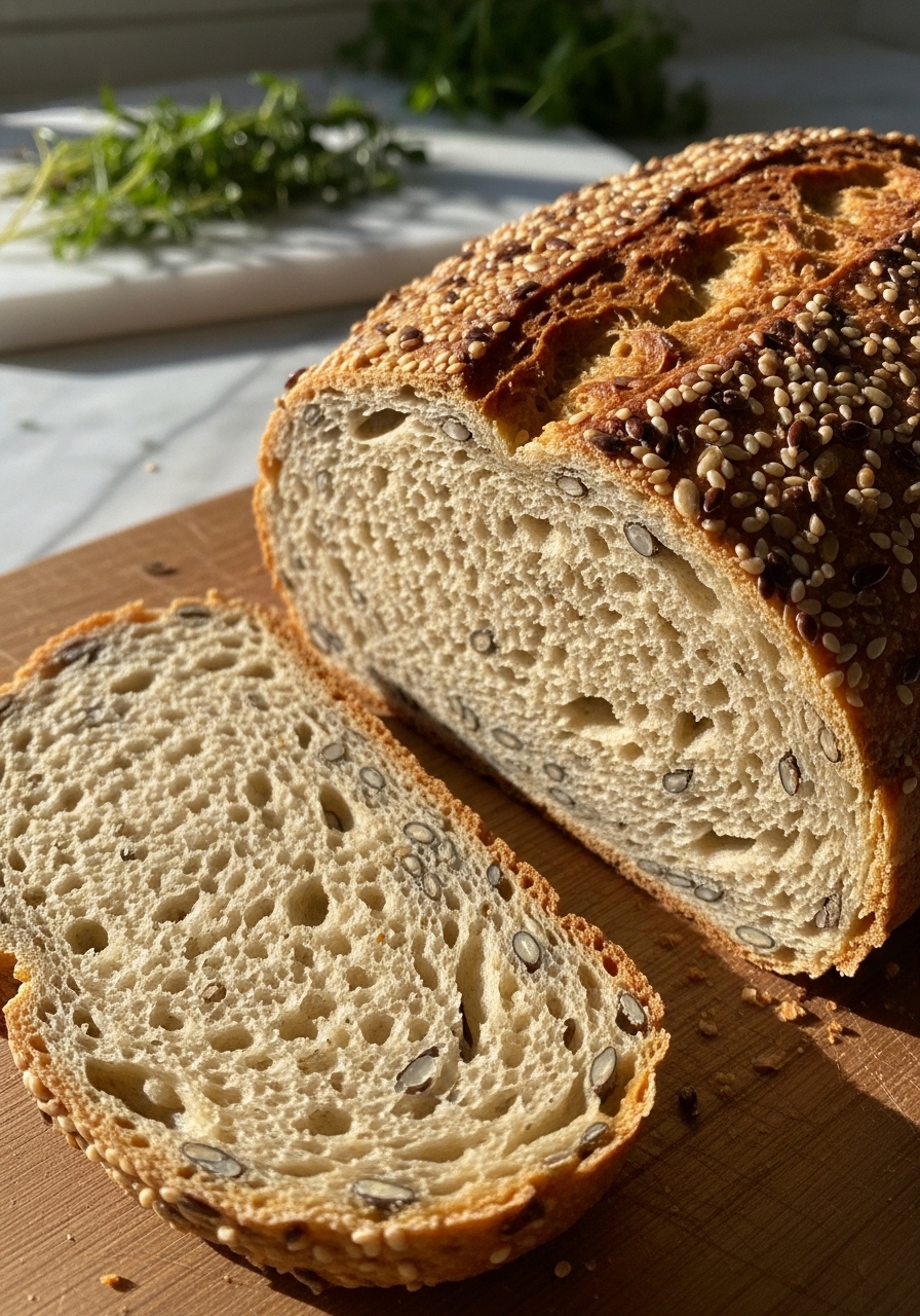 A close-up, mouth-watering detail shot of a freshly baked slice of Gluten-Free Seeded Bread, showcasing its perfectly golden crust and the variety of seeds embedded in its soft, open crumb. The slice rests against the full loaf on the same wooden cutting board. Soft shadows play across the delicious texture, highlighted by natural morning light from the east window. Fresh herbs are artfully blurred in the background on marble countertops. No hands visible.