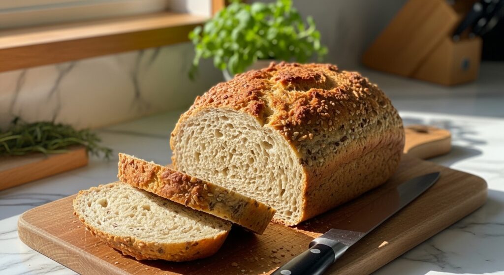 A beautifully baked loaf of golden brown Gluten-Free Seeded Bread, sliced, showcasing its airy, seed-studded crumb. It's perfectly placed on the same wooden cutting board with a knife resting beside it. The scene is illuminated by natural morning light from the east window, with subtle soft shadows. Fresh herbs are visible in the background, creating a warm, clean, and tidy presentation on marble countertops with wood accents. No hands visible.