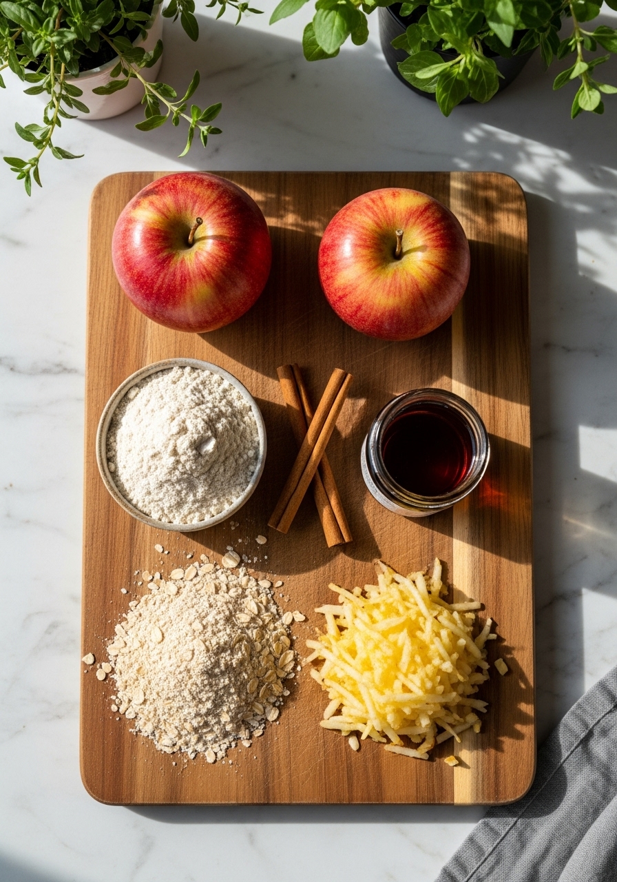 A flat lay of key ingredients for Healthy Apple Cinnamon Muffins: whole wheat flour, oat flour, cinnamon sticks, fresh apples (one whole, one grated), and a small jar of maple syrup, all neatly arranged on the same wooden cutting board on marble countertops. Natural morning light creates soft shadows, with fresh herbs in the background and a clean, warm aesthetic. No hands.