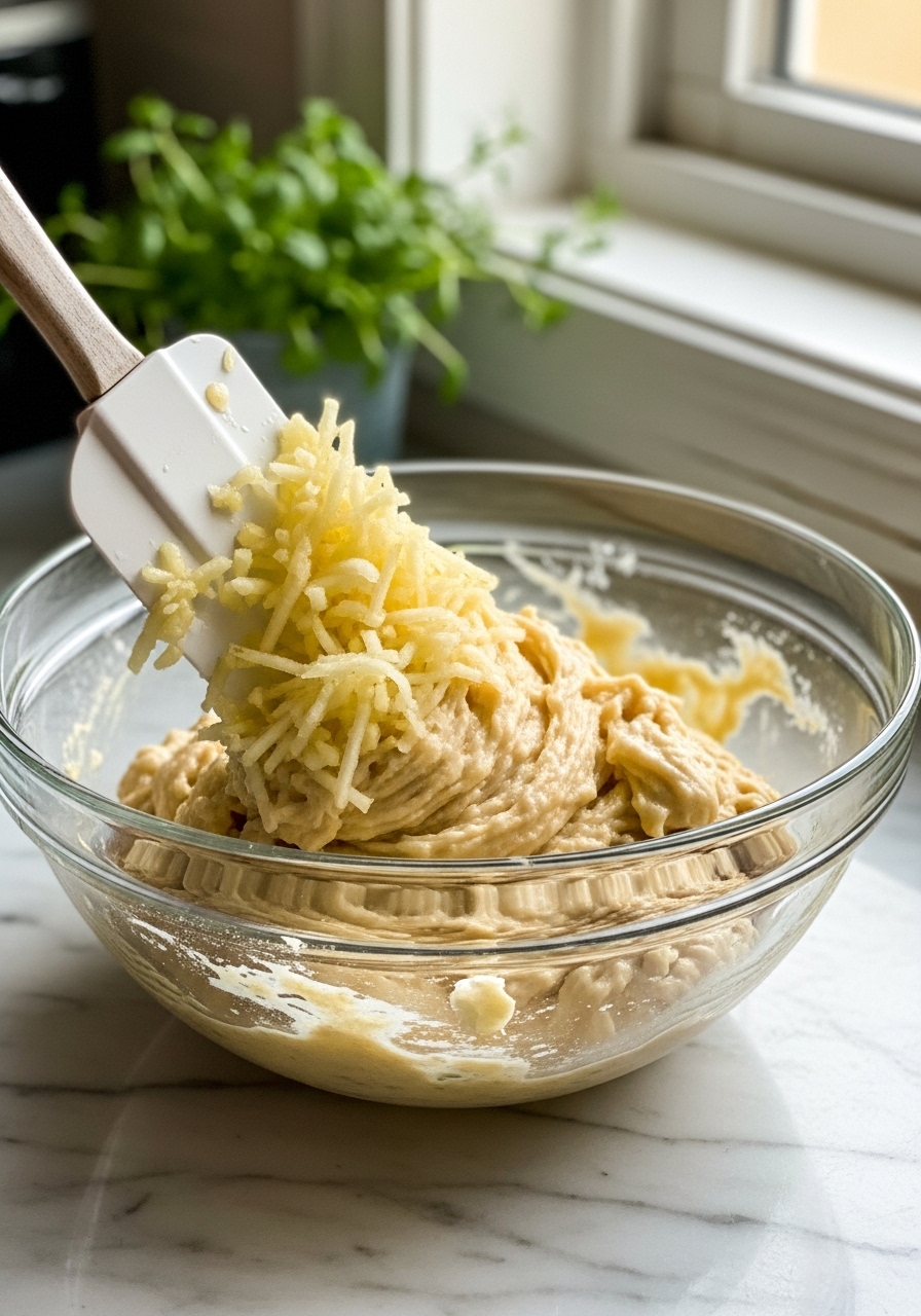 An action shot capturing the moment a spatula gently folds grated apple into a bowl of muffin batter. The focus is on the textured batter and apple bits, with the ingredients bowl resting on the marble countertop. Natural morning light spills from the east window, creating warm tones and highlighting the process. Fresh herbs are blurred in the background. No hands.