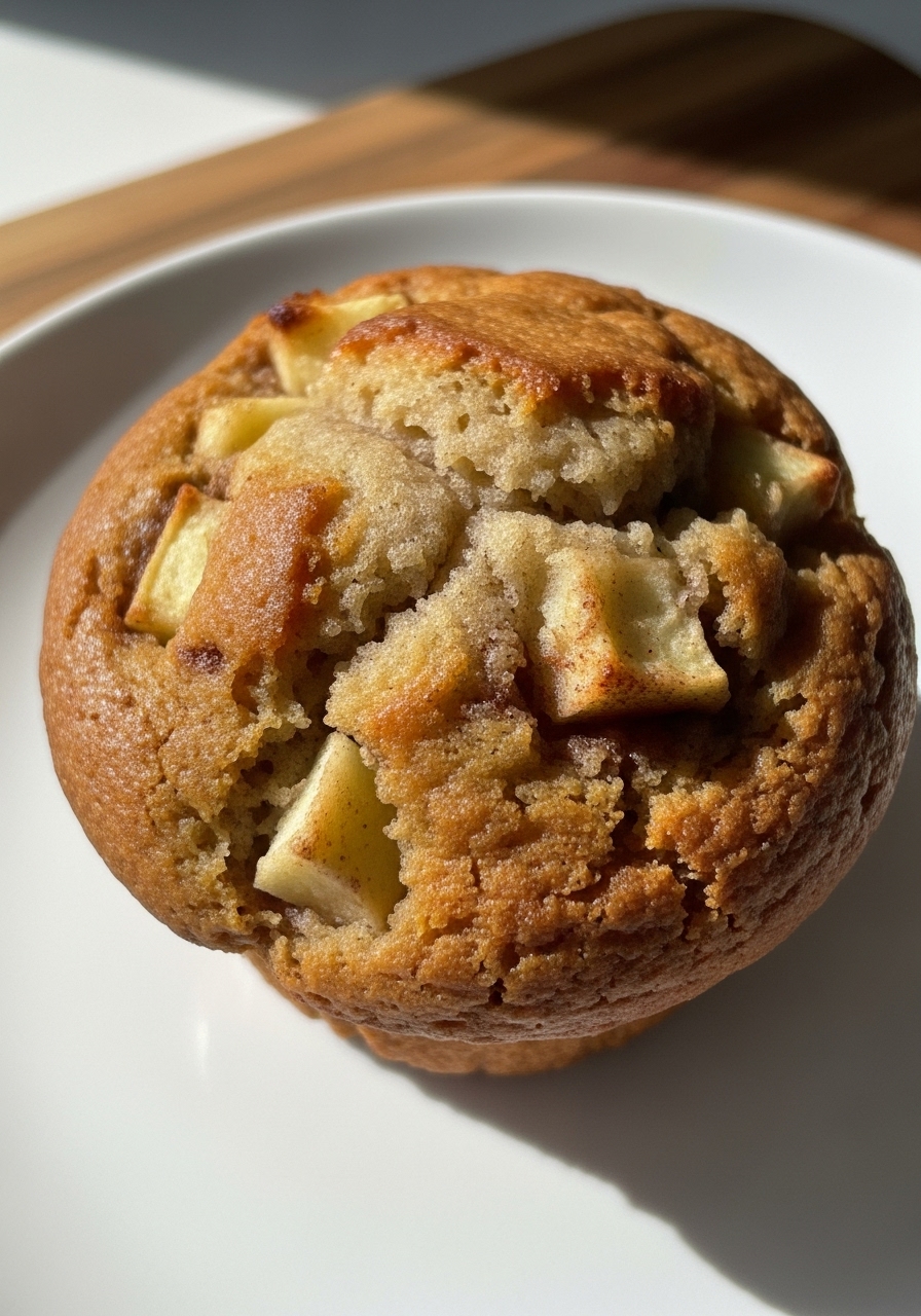 A close-up detail shot of the top of a freshly baked Healthy Apple Cinnamon Muffin, showcasing its golden brown, slightly domed surface and subtle cracks, revealing bits of apple and a hint of cinnamon swirl. It rests on a minimalist white plate on the wooden cutting board, bathed in natural morning light with soft shadows and a clean, tidy presentation. No hands.