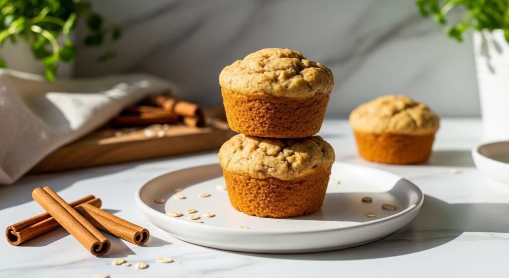 A beautifully arranged shot of three golden brown Healthy Apple Cinnamon Muffins stacked on a minimalist white plate, with a scattering of fresh cinnamon sticks and a few stray oats nearby. The scene is bathed in natural morning light from the east window, highlighting the marble countertops with subtle wood accents. Fresh green herbs are visible in the soft background, creating a warm and inviting atmosphere with soft shadows and a clean, tidy presentation. No hands.