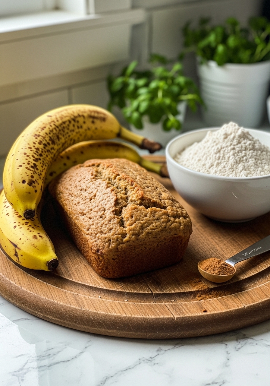A rustic arrangement of key ingredients for healthy banana bread on the same wooden cutting board: very ripe bananas (dark spots visible), a bowl of whole wheat pastry flour, a measuring spoon with cinnamon, and a few fresh herbs in the background. Bathed in natural morning light from the east window, on marble countertops with subtle soft shadows. The scene is clean and inviting. NO HANDS.