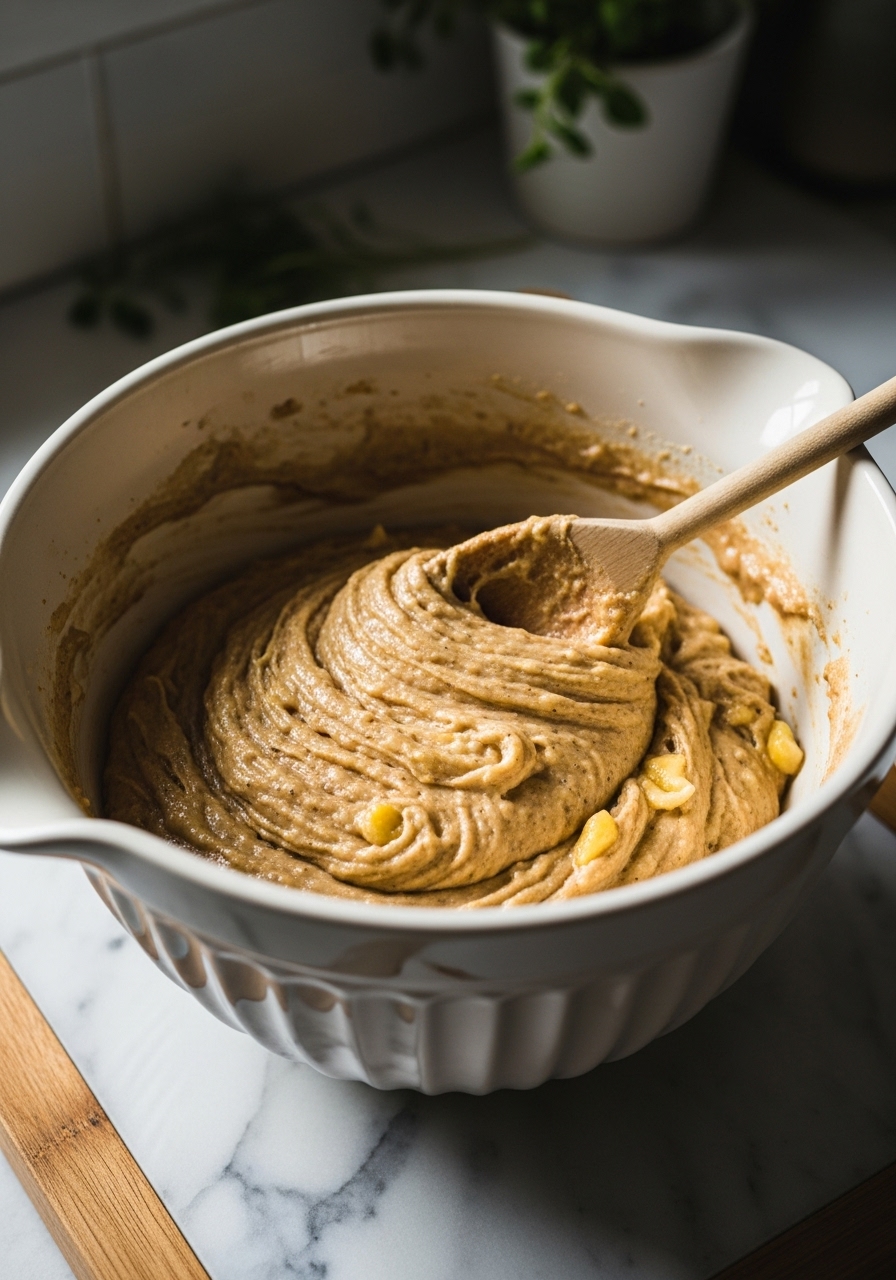 A ceramic mixing bowl on marble countertops with wood accents, showing a rich, thick banana bread batter being gently stirred with a wooden spoon. The batter has specks of spice and mashed banana visible. Natural morning light casts soft shadows. Fresh herbs are subtly in the background, reinforcing the lived-in kitchen feel. NO HANDS.