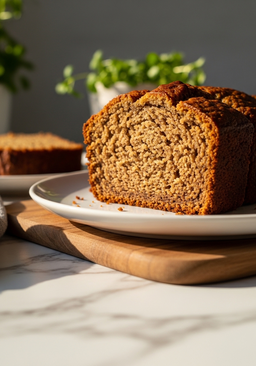 A close-up, tempting detail shot of a slice of healthy banana bread, showing its incredibly moist interior, visible spices, and a perfectly golden-brown crust. It rests on a minimalist white plate on marble countertops, with the wooden cutting board visible. Soft natural morning light creates warm tones and inviting shadows. Fresh herbs are blurred in the background, adding life to the scene. NO HANDS.