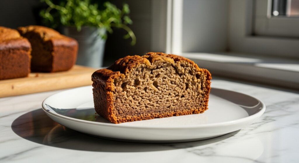A beautifully plated slice of healthy banana bread on a minimalist white plate, showcasing its moist texture and warm, golden-brown crust. It's positioned on marble countertops with wood accents, bathed in soft natural morning light from the east window. Fresh herbs are visible in the soft-focus background, adding a touch of green. The overall scene is clean, tidy, and exudes warmth with soft shadows. Aspect Ratio: 16:9. NO HANDS.