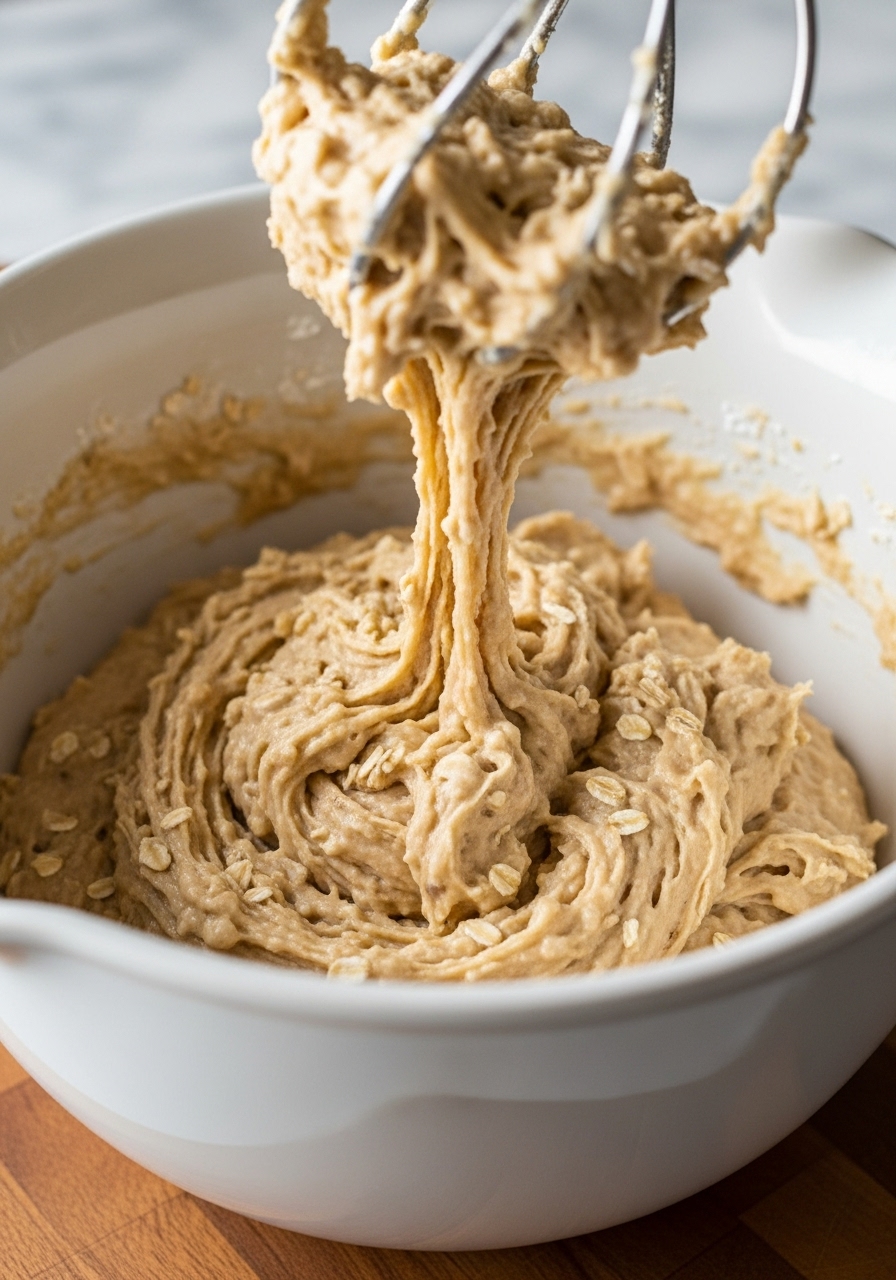 A close-up action shot of muffin batter, perfectly combined with a few intentional lumps, in a minimalist white ceramic mixing bowl. The batter, studded with oats, shows a creamy texture. The wooden cutting board is subtly visible beneath, with natural morning light creating gentle reflections, emphasizing warm tones in a clean kitchen setting on marble countertops.