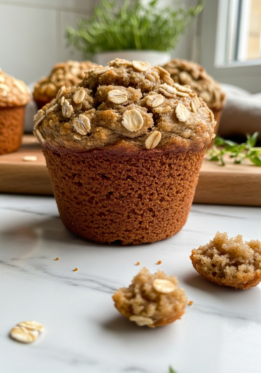 A mouth-watering close-up of a perfectly domed healthy banana muffin with oats, showcasing its golden brown top and tender, moist crumb. A few artful crumbs are delicately scattered on the marble countertop next to the muffin, which rests on the edge of the wooden cutting board. Natural morning light from the east window highlights the texture, with fresh herbs in the background adding a touch of green.