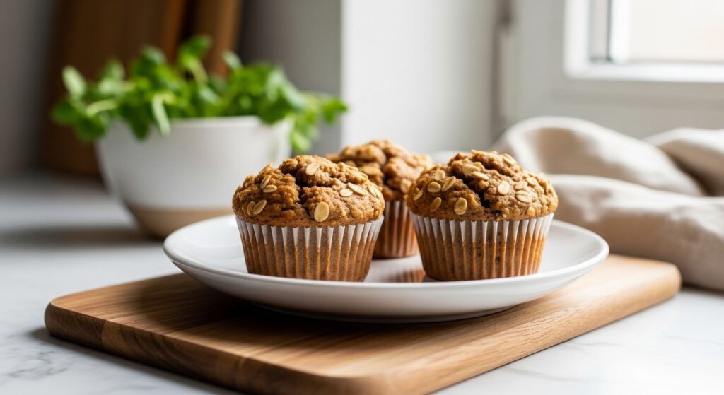 A wide, beautifully composed shot of three perfectly golden brown, deliciously appealing healthy banana muffins with oats, resting on a minimalist white plate on the wooden cutting board. The scene is bathed in natural morning light from the east window, creating soft shadows. Fresh green herbs are visible in a ceramic bowl in the softly blurred background, showcasing warm tones and a clean, tidy presentation on marble countertops.