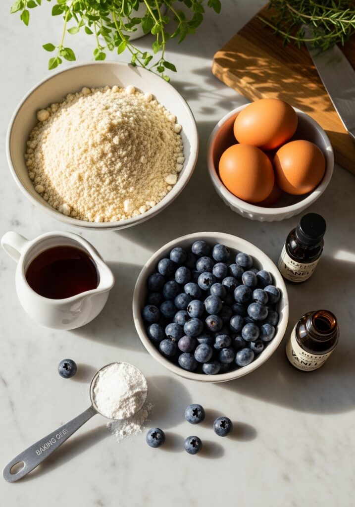 Healthy Blueberry Muffins A 3:4 overhead shot of key ingredients for almond flour blueberry muffins arranged on the marble countertop. Superfine almond flour, fresh, plump blueberries, eggs in a ceramic bowl, maple syrup in a small pitcher, baking powder, and vanilla extract are artfully displayed. Natural morning light illuminates the scene, creating soft shadows and warm tones, with fresh herbs visible in the background and the wooden cutting board slightly peeking in.