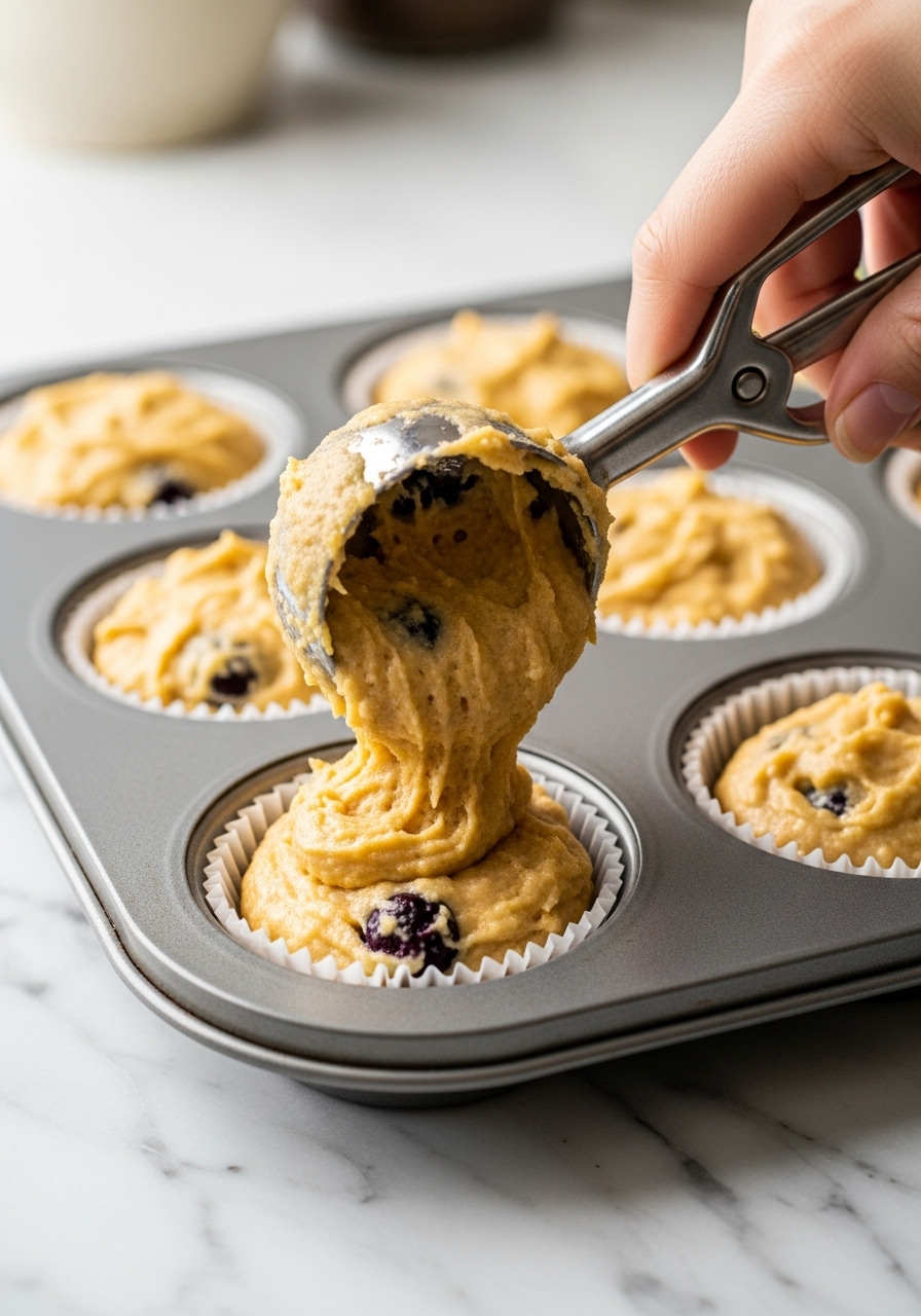 A 3:4 action shot of golden, deliciously appealing almond flour blueberry muffin batter being scooped into paper liners in a muffin tin, sitting on the marble countertop. The batter shows a thick, luscious consistency with visible blueberries throughout. Natural morning light creates gentle highlights, emphasizing the homemade feel and the warm tones of the kitchen.