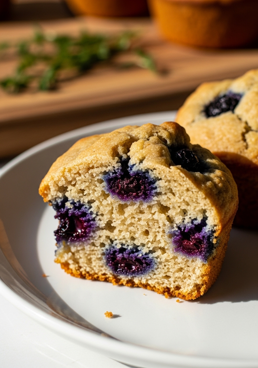 A 3:4 close-up detail shot of a perfectly baked, mouth-watering almond flour blueberry muffin. The focus is on the tender, moist crumb, showing off the golden brown exterior and the juicy, vibrant blueberries bursting from within. This piece of muffin is resting on a minimalist white plate, catching the natural morning light with soft shadows that enhance its delicious texture. The wooden cutting board and fresh herbs are subtly blurred in the background.