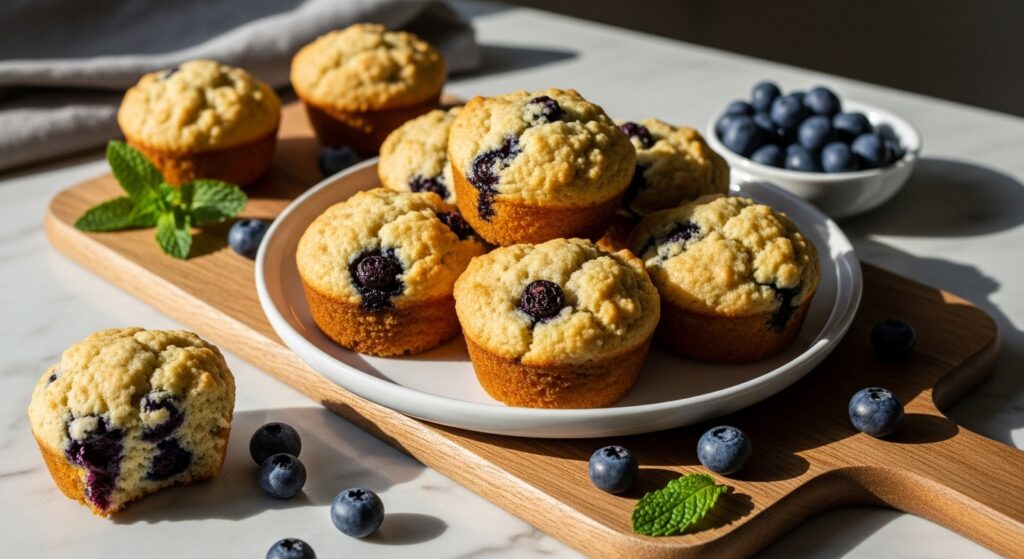 A beautifully composed 16:9 hero shot of several golden brown, delicious almond flour blueberry muffins arranged on a minimalist white plate, placed on the wooden cutting board with a scattering of fresh blueberries and a sprig of mint nearby. Natural morning light from an east window casts soft shadows across the marble countertops, emphasizing the warm tones and clean, tidy presentation. The muffins look incredibly moist and appealing, with visible burst blueberries.