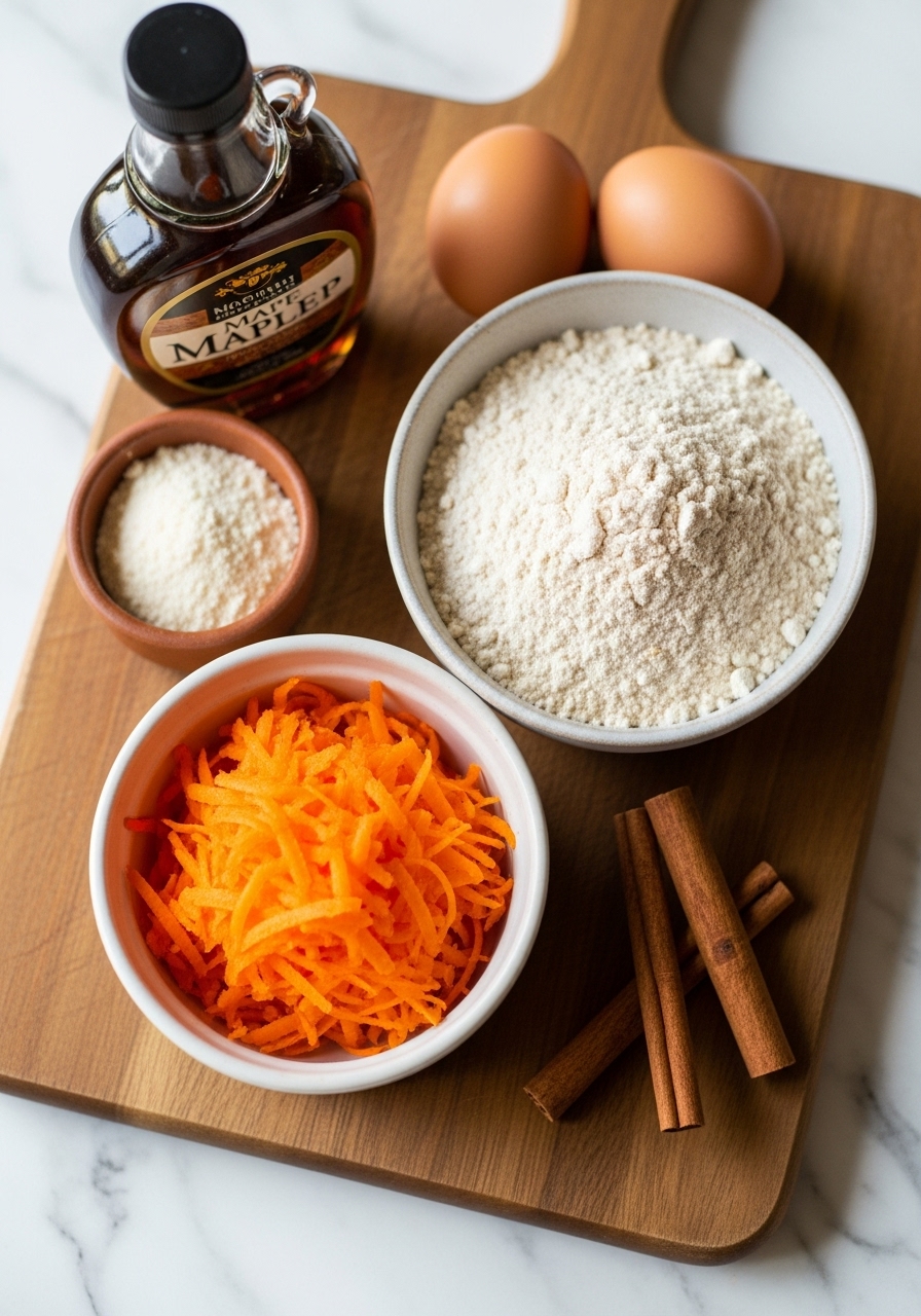 A close-up overhead shot of key ingredients for healthy carrot muffins laid out appealingly on the wooden cutting board. Finely shredded carrots are in a small ceramic bowl, whole wheat flour in another, with cinnamon sticks, a bottle of maple syrup, and a couple of eggs subtly placed nearby. Natural morning light from the east window highlights the textures, creating soft shadows and a warm, inviting tone on the marble countertops.