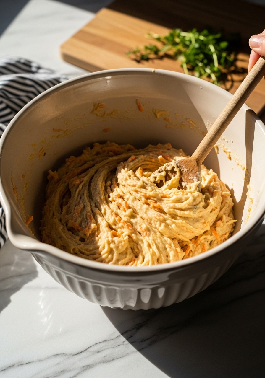 A dynamic action shot of a large ceramic mixing bowl on the marble countertops. Muffin batter, visibly studded with shredded carrots and spices, is being gently stirred with a wooden spoon, creating a pleasing swirl. The scene is bathed in natural morning light, with soft shadows and warm tones. The wooden cutting board is slightly visible in the background, alongside fresh herbs.