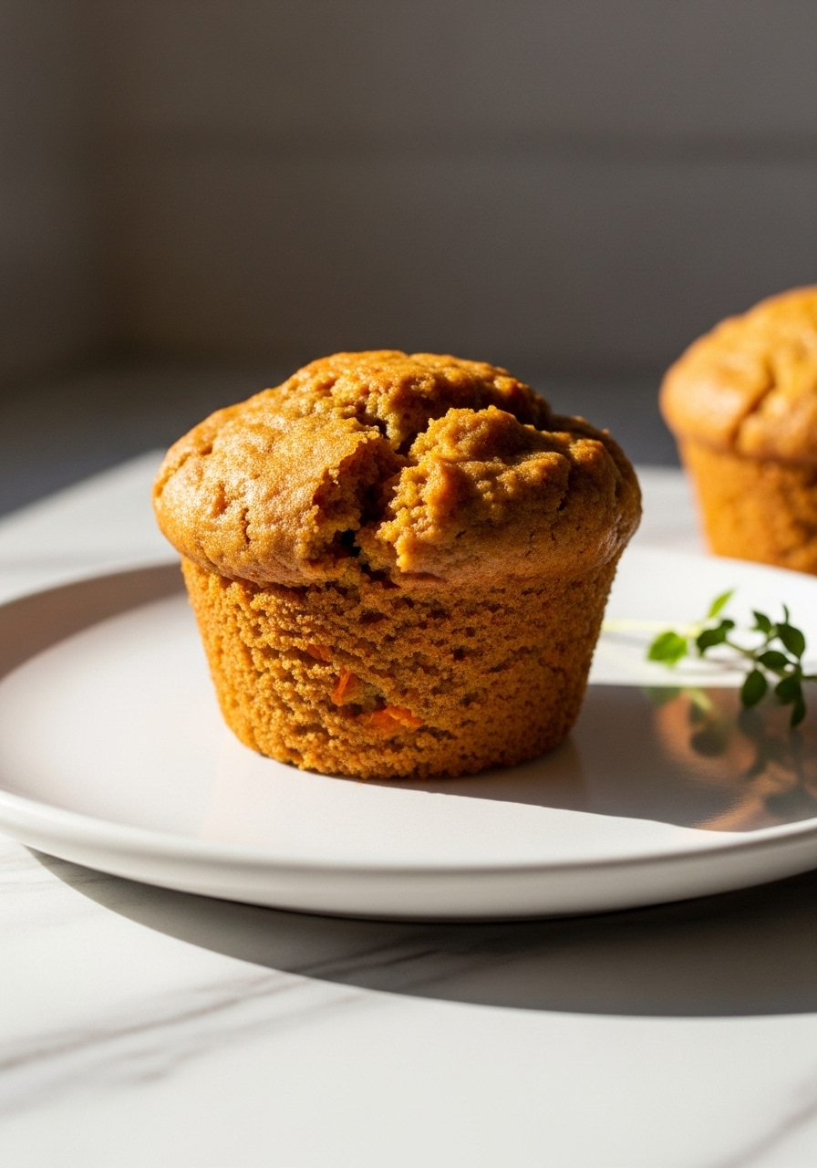 A detailed close-up shot of a single healthy carrot muffin, showcasing its perfectly golden-brown, slightly cracked top and a glimpse of its moist, carrot-flecked interior. The muffin rests on a minimalist white plate on the marble countertops, with soft, natural morning light from the east window creating a beautiful glow and gentle shadows. A sprig of fresh herb is artfully placed nearby, enhancing the warm and clean aesthetic.