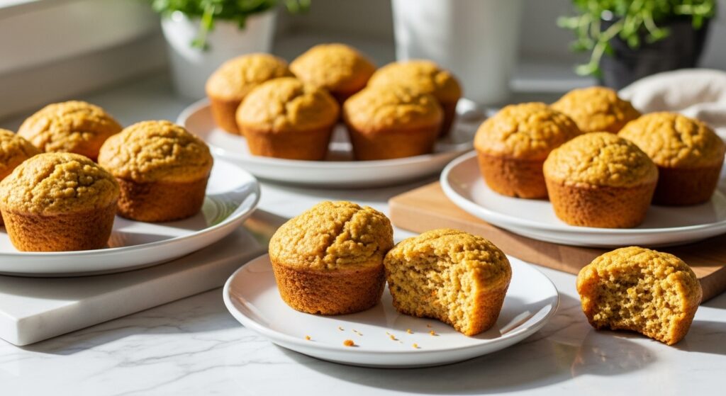 A beautifully arranged shot of golden-brown, perfectly domed healthy carrot muffins, some whole, some with a bite taken out to reveal the moist interior. They are displayed on minimalist white plates on marble countertops with wood accents. Natural morning light streams from an east window, casting soft shadows. Fresh herbs are visible in the background, adding a touch of green. The overall scene is clean, tidy, and warm-toned, emphasizing delicious appetite appeal.