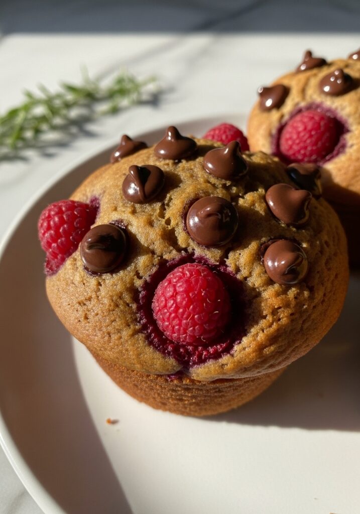 Healthy Chocolate Raspberry Muffins A delectable close-up detail shot of the golden-brown top of a Healthy Chocolate Raspberry Muffin, showcasing a scattering of perfectly melted dark chocolate chips and a few juicy, glistening raspberries. The texture of the muffin top is visible, promising a tender interior. The muffin rests on a minimalist white plate on marble countertops, bathed in natural morning light with soft shadows and warm tones, with fresh herbs subtly in the background. No hands.