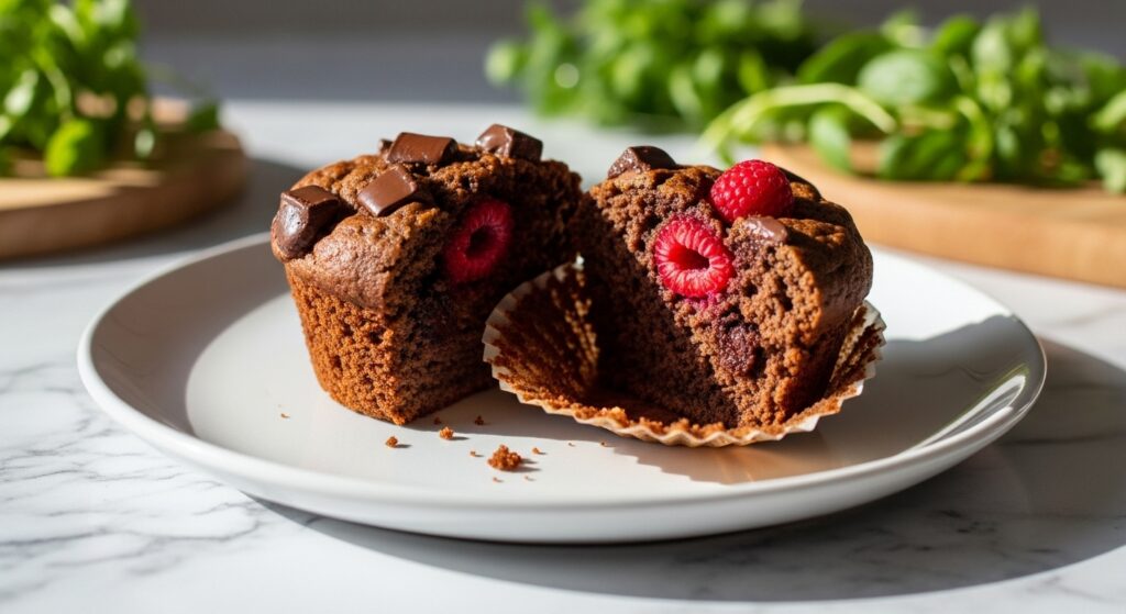 A mouth-watering, perfectly baked Healthy Chocolate Raspberry Muffin, split open slightly to show its moist, tender crumb and generous chocolate chunks and bright red raspberries. It's elegantly plated on a minimalist white plate, positioned on marble countertops with subtle wood accents. Natural morning light casts soft shadows, and fresh green herbs are artfully blurred in the background, creating a clean, tidy, and warm scene with appetizing appeal. No hands.