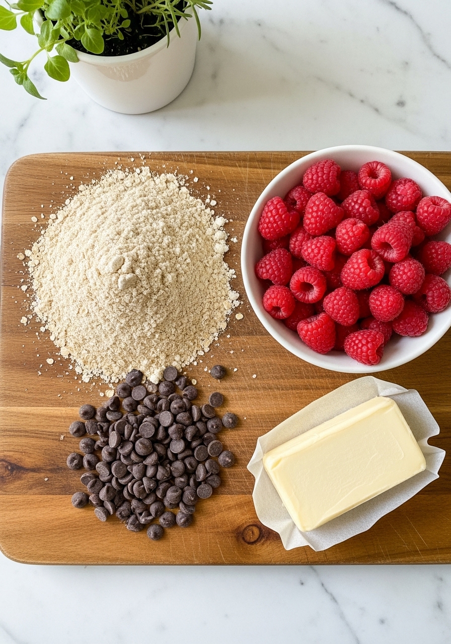 An overhead shot of key ingredients for Healthy Dark Chocolate Raspberry Scones artfully arranged on the wooden cutting board on marble countertops, including a pile of oat flour, a bowl of fresh raspberries, a scattering of dark chocolate chips, and a stick of cold butter. Natural morning light highlights the textures. Fresh herbs in a small ceramic pot are subtly visible in the background, conveying a clean and tidy aesthetic.