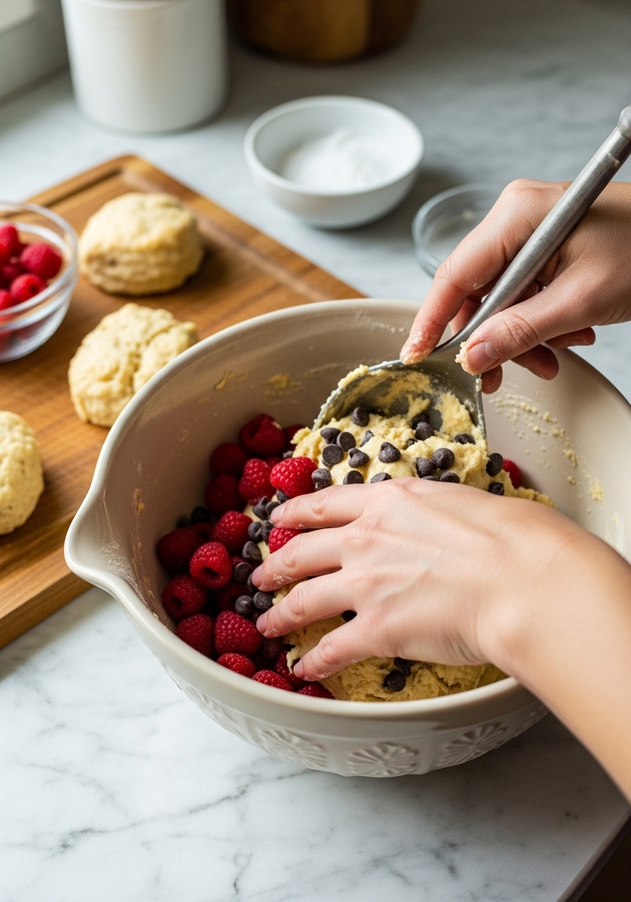 An action shot focusing on the process of gently folding fresh raspberries and dark chocolate chips into the scone dough in a ceramic mixing bowl, with the wooden cutting board and marble countertops in the background. The ingredients are slightly visible, showcasing the quality. Natural morning light from the east window illuminates the scene, maintaining soft shadows and warm tones for a genuine, lived-in kitchen feel.