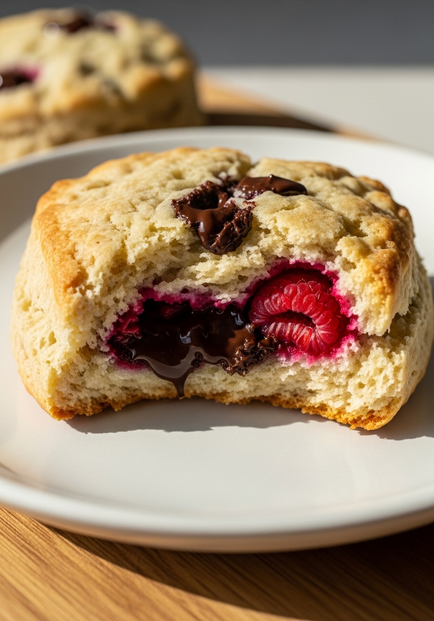 A tight close-up detail shot of a single Healthy Dark Chocolate Raspberry Scone, broken open slightly to reveal its tender, flaky crumb and the luscious pockets of melted dark chocolate and vibrant red raspberries. It rests on a minimalist white plate on the wooden cutting board. Soft natural morning light creates appealing highlights and shadows, emphasizing the delicious texture and homemade quality.