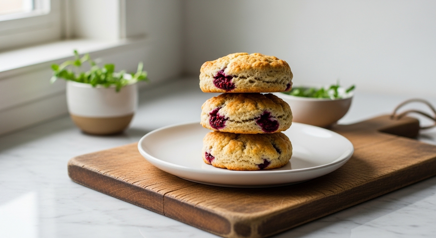 A beautifully composed hero shot of a stack of three Healthy Dark Chocolate Raspberry Scones on a minimalist white plate, placed on the worn wooden cutting board on marble countertops. Natural morning light streams in from the east window, casting soft shadows. Fresh herbs are visible in a small ceramic bowl in the background, creating a clean, tidy, and deliciously appealing scene with warm tones and a focus on the moist interior of a scone.