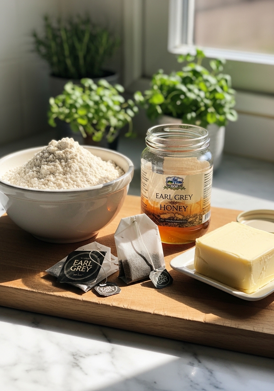 A still life of key ingredients for healthy Earl Grey scones: light spelt flour in a ceramic bowl, fresh Earl Grey tea bags, a jar of honey, and a stick of cold butter on the same wooden cutting board, all bathed in natural morning light on marble countertops. Fresh herbs are subtly visible in the background, creating a warm, inviting atmosphere. The presentation is clean and tidy. NO HANDS.