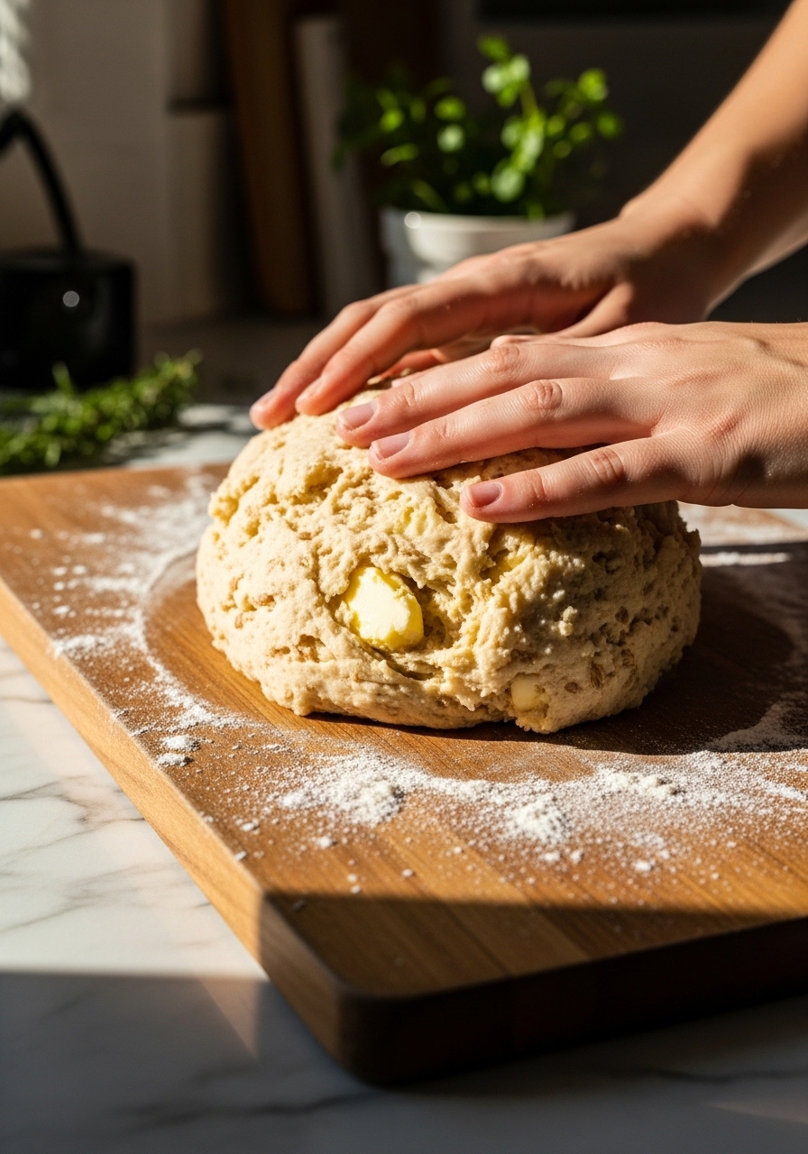 A close-up action shot of scone dough being gently brought together on the same wooden cutting board, showcasing the shaggy texture before patting. Bits of cold butter are still visible within the spelt flour dough. Natural morning light illuminates the marble countertops and soft shadows are present, with fresh herbs peeking in the background. The scene is clean, tidy, and has warm tones. NO HANDS.