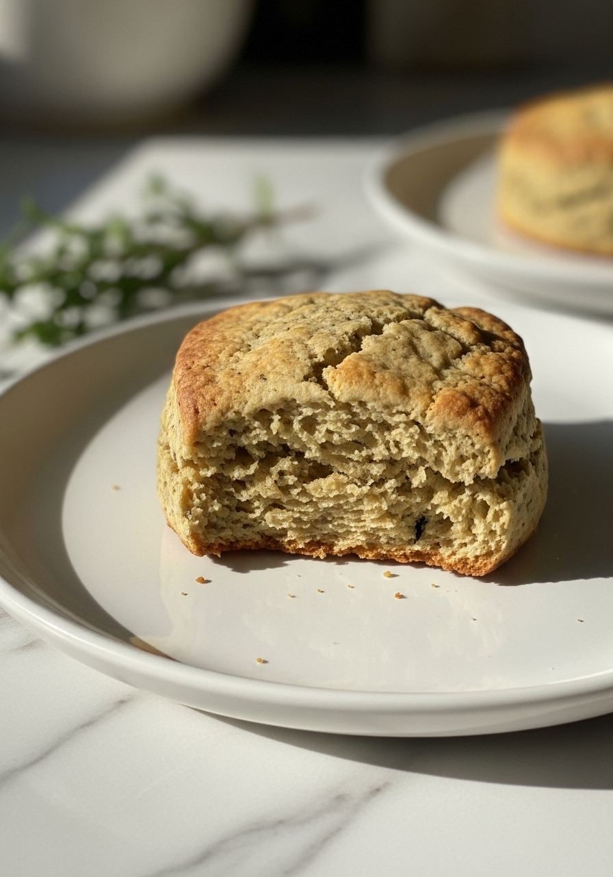 A detailed close-up shot of a single perfectly baked healthy Earl Grey scone, split open slightly to reveal its tender, steamy crumb. It rests on a minimalist white plate, with a hint of warm, natural morning light on the marble countertops. A sprig of fresh herbs is artfully placed nearby, out of focus, adding to the clean, tidy, and inviting presentation. NO HANDS.