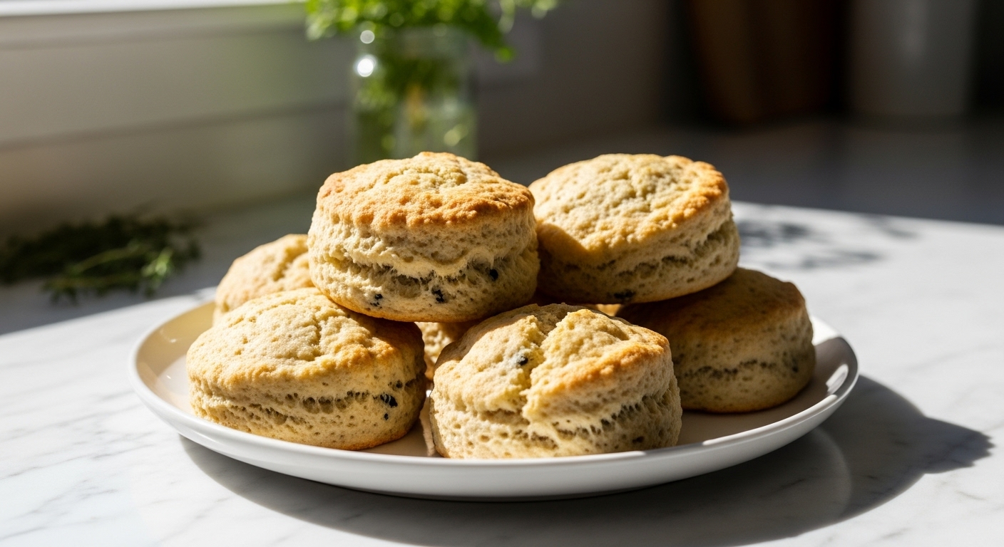 A beautifully arranged plate of golden brown, fluffy healthy Earl Grey scones, presented on a minimalist white plate on marble countertops. Natural morning light streams in from an east window, casting soft shadows. Fresh herbs are visible in the background, out of focus. The scene is clean, tidy, and exudes warm tones. NO HANDS.