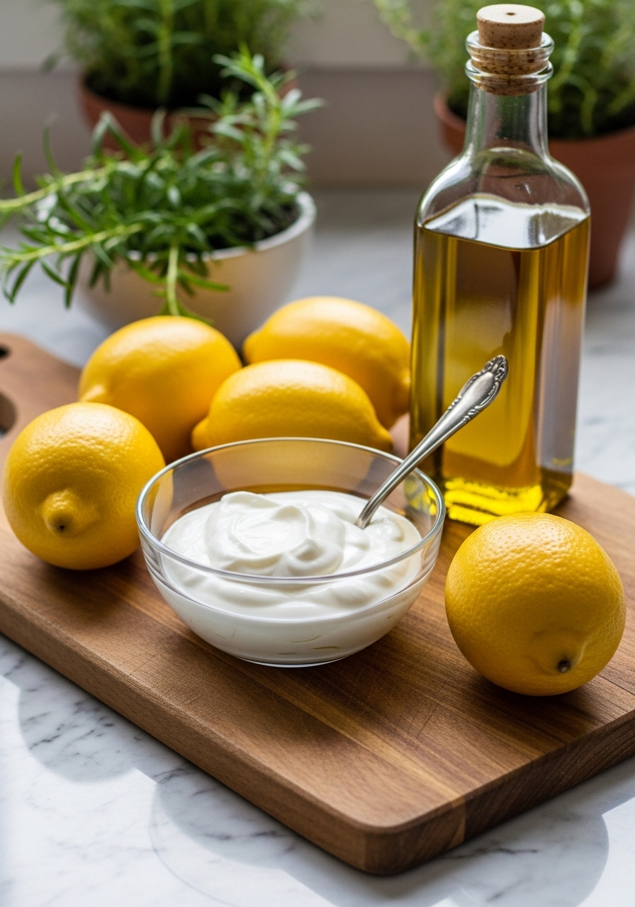 A rustic arrangement of key ingredients for healthy lemon loaf, including bright yellow whole lemons, a glass bowl of creamy Greek yogurt, and a bottle of golden olive oil, all artfully placed on the same wooden cutting board on marble countertops. Natural morning light bathes the scene, highlighting the fresh textures. Fresh herbs are subtly visible in the background, reinforcing the brand's aesthetic. The composition is clean, tidy, and inviting.