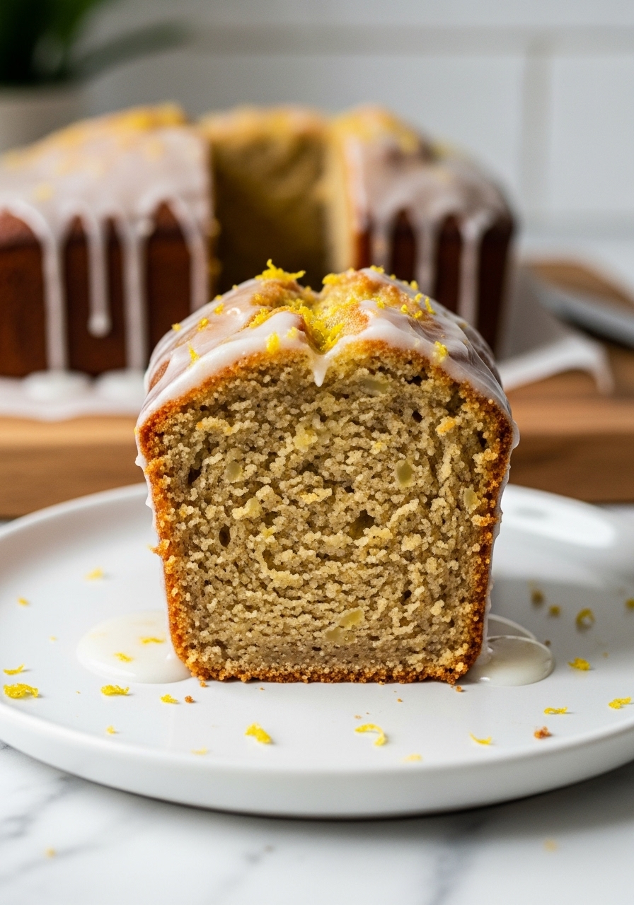 A close-up detail shot of a slice of the finished healthy lemon loaf, standing tall on a minimalist white plate. The glaze is perfectly set and dripping slightly down the sides. The tender, moist crumb of the loaf is clearly visible, studded with lemon zest. The plate is on marble countertops, with the wooden cutting board blurred in the background. Natural morning light illuminates the delicious texture, emphasizing appetite appeal and the warm, clean aesthetic.