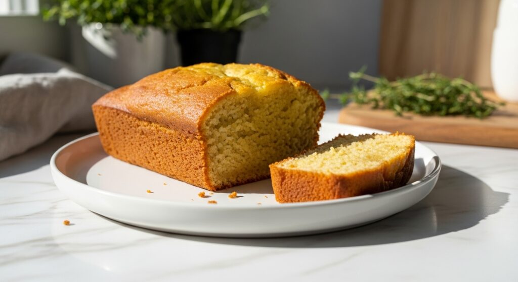 A mouth-watering, perfectly baked healthy lemon loaf, elegantly sliced on a minimalist white plate. A single slice is slightly pulled away, revealing its incredibly moist, tender crumb. The plate sits on light marble countertops, with a subtle wooden cutting board visible in the background. Natural morning light casts soft shadows. Fresh green herbs, like a small pot of thyme, are blurred in the background, adding a touch of lived-in authenticity. The overall scene is clean, tidy, with warm tones, and exudes genuine love for homemade baking.