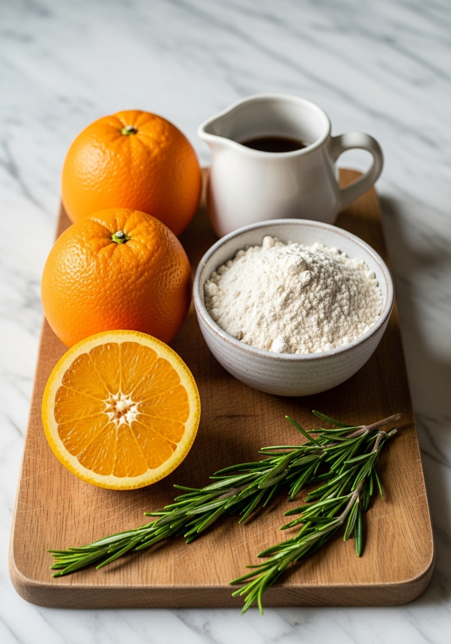A beautiful arrangement of key ingredients for Healthy Orange Muffins: whole oranges (one sliced in half revealing its juicy interior), a ceramic bowl of flour, a small pitcher of maple syrup, and fresh rosemary sprigs, all neatly laid out on the same wooden cutting board on marble countertops. The scene is illuminated by soft, natural morning light, creating warm tones and gentle shadows, with a clean and tidy presentation. Deliciously appealing. NO HANDS.