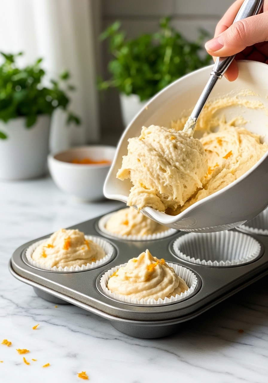 A close-up action shot of muffin batter being scooped from a minimalist ceramic bowl into paper liners in a muffin tin, showcasing the fluffy texture and visible orange zest flecks within the batter. The muffin tin is on marble countertops, bathed in gentle natural morning light. Fresh herbs are visible in the softly blurred background. The scene is clean, tidy, and inviting, with warm tones, focusing on the process. NO HANDS.