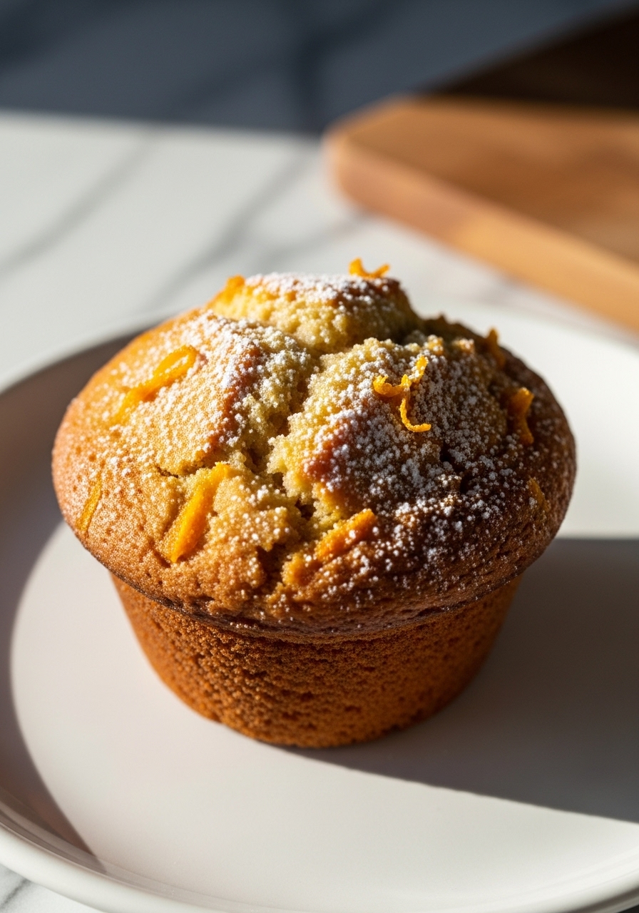 A super close-up detail shot (3:4) of the top of a freshly baked Healthy Orange Muffin, showing its perfectly domed, golden-brown crust with a light dusting of powdered sugar and clearly visible orange zest. The muffin rests on a minimalist white plate on marble countertops. Natural morning light creates inviting highlights and soft shadows. The same wooden cutting board is subtly present in the background, creating an insanely yummy and authentic feel. NO HANDS.