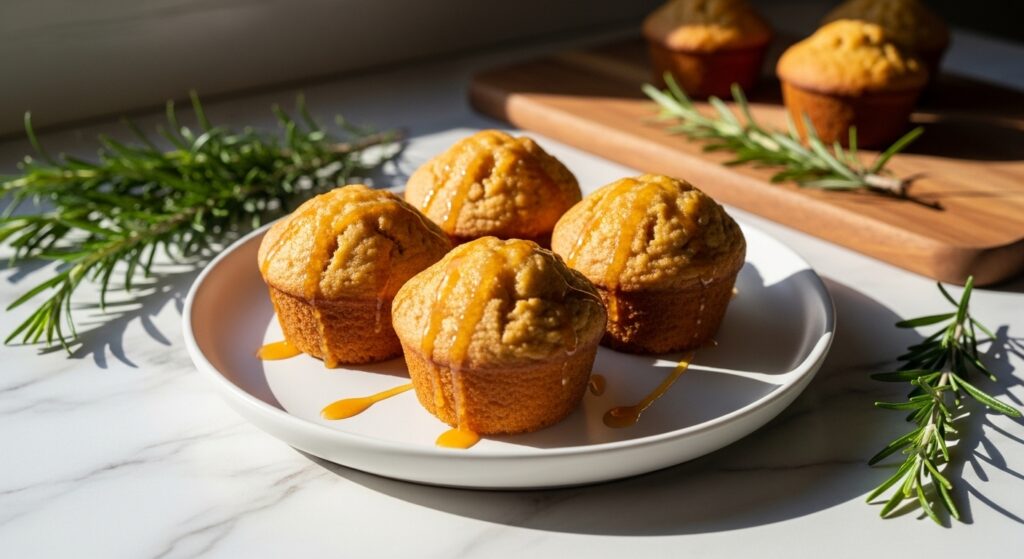 A beautifully composed 16:9 hero shot of freshly baked, golden-brown Healthy Orange Muffins on a minimalist white plate, subtly drizzled with a light orange glaze. The plate rests on marble countertops, bathed in soft, natural morning light from an east window. Fresh rosemary sprigs are artfully placed in the background, with the same wooden cutting board visible nearby. The scene has warm tones, soft shadows, and a clean, tidy presentation, exuding mouth-watering appeal. NO HANDS.