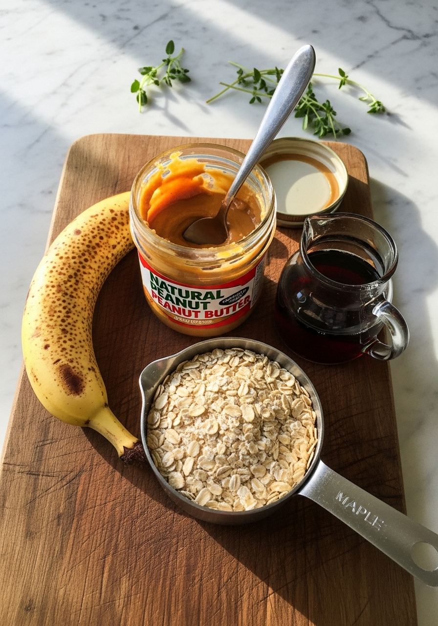 An artistic overhead shot of the key ingredients laid out: a ripe, spotty banana, a jar of natural peanut butter, a measuring cup of old-fashioned rolled oats, and a small jug of maple syrup, all arranged on the wooden cutting board. Natural morning light creates warm tones and soft shadows. Fresh herbs are visible in the background, on marble countertops. No hands are visible.